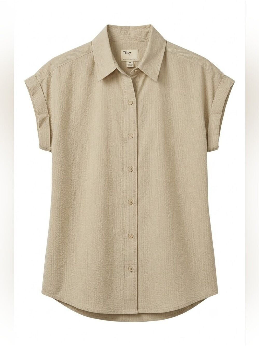 Tilley Women's Button Down Camp Shirt, Beige, Collared, Rolled Up Sleeves, Small